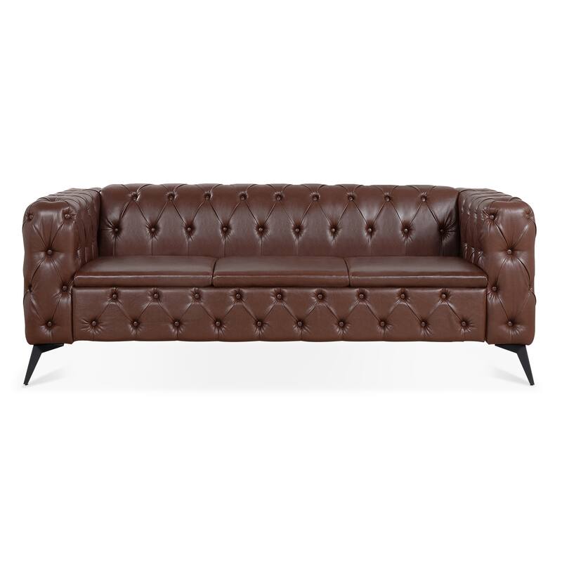 PU Leather Upholstered 3 Seater Sofa, Tufted Sofa with Removable Cushions & Square Arms, Lounge Sofa Chair with Iron Legs