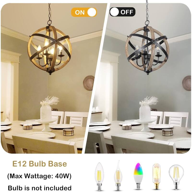 Farmhouse Chandelier Light Fixture, 5-Light Rustic Wooden Pendant and Ceiling Light for Dining Room or Bedroom