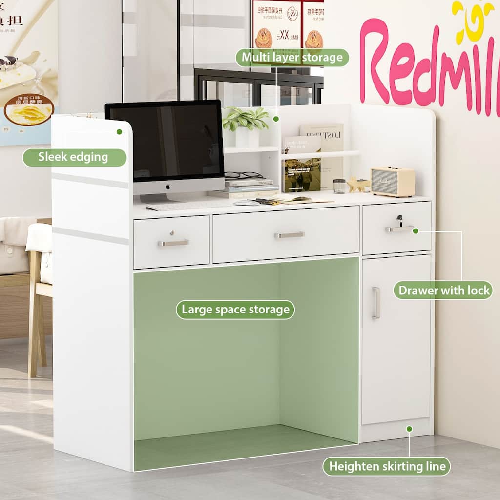 Reception Desk Front Counter Table with Drawer Shelf White by Timechee