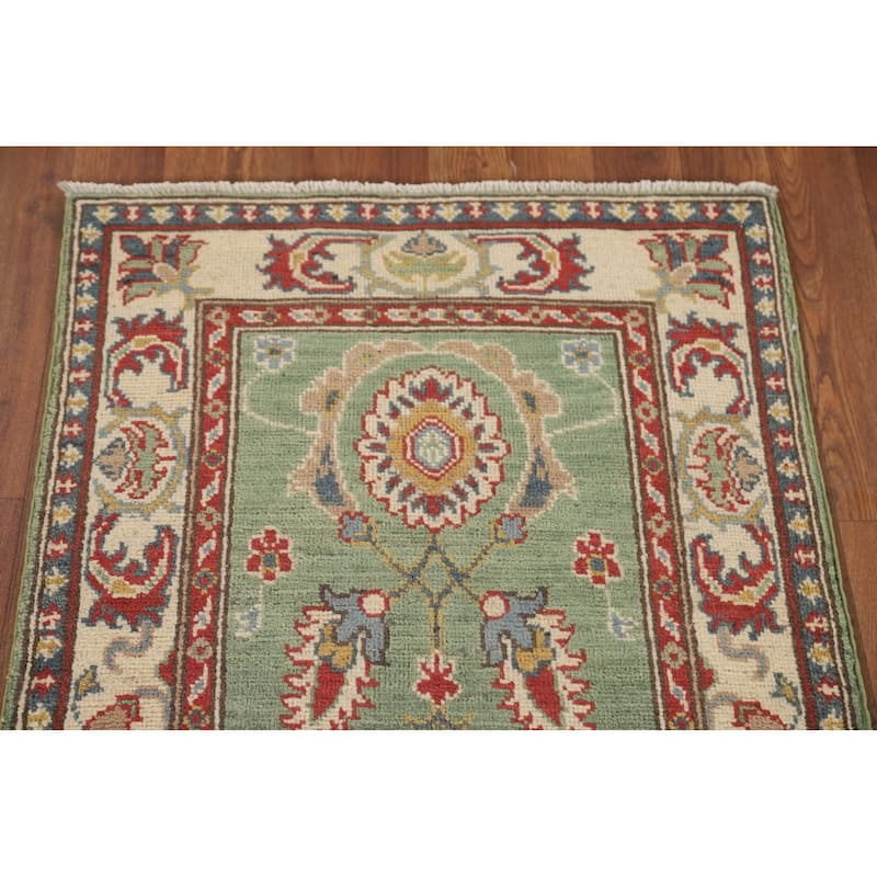 Floral Kazak Runner Rug Handmade Green Wool Carpet - 2'2" x 5'11"