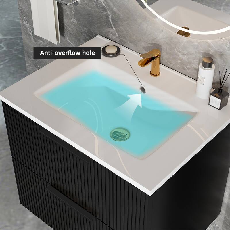 Modern Fluted Wall-Mounted Vanity with Ceramic Sink & Integrated Drawers