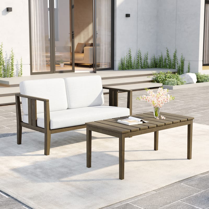Uixe Teak Patio Loveseat with Coffee Table Outdoor Conversation Set