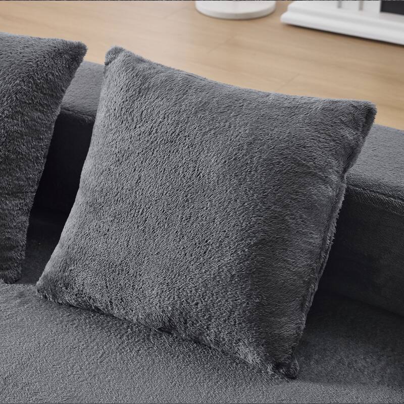 Transformable Sectional Sofa with 3 Ottomans - Fold-Out Bed, Light Grey Chenille Lounger in Faux Fur