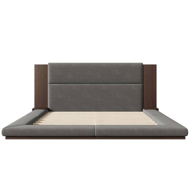 Floor Bed Low Profile Platform Bed Velvet Upholstered Grounded Bed with Wingback Headboard & Bedside Shelf, No Box Spring Needed