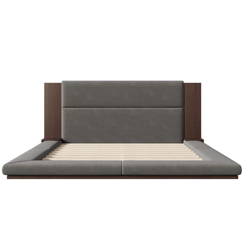 Velvet Upholstered Low Profile Bed Frame Gray Floor Platform Bed with Extended Wood Headboard & Bedside Shelf, Wood Slat Support