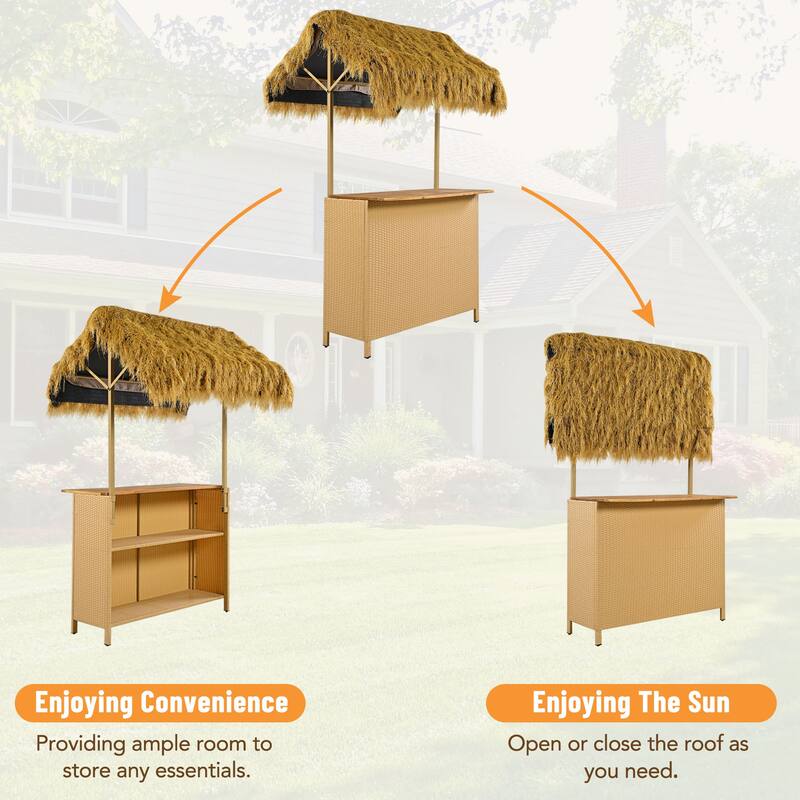Roomfitters Bar Height Patio Set with PE Grass Canopy, Outdoor Bar Table and Stools, Hawaiian-style Acacia Wood Top, Natural