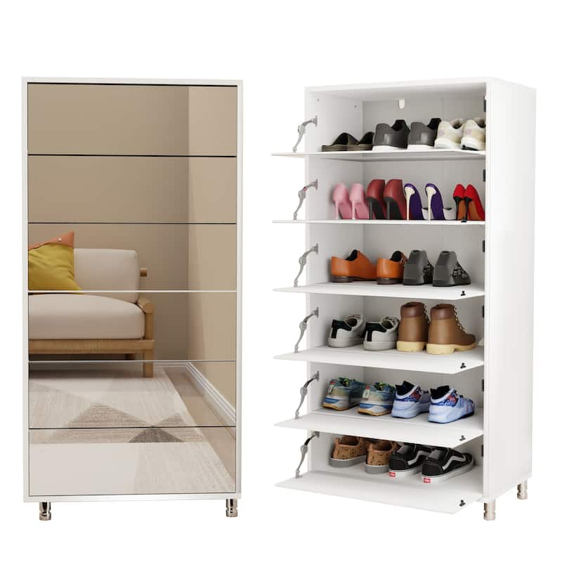 Mirror Shoe Cabinet With 6 Flip Drawers