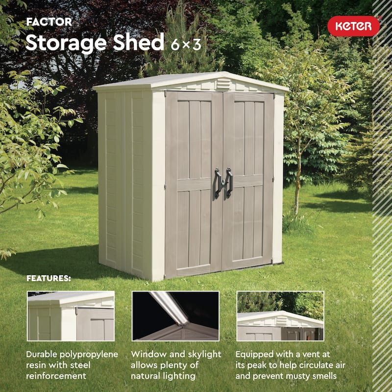 Keter Factor Large 6 x 3 ft. Resin Outdoor Storage Shed With Floor for Patio Furniture and Tools, Taupe Brown