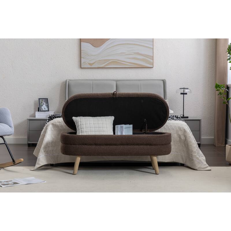 Bedroom Storage Bench, Velvet Oval Upholstered End of Bed Bench with Wood Legs, Modern Storage Ottoman Bench for Entryway
