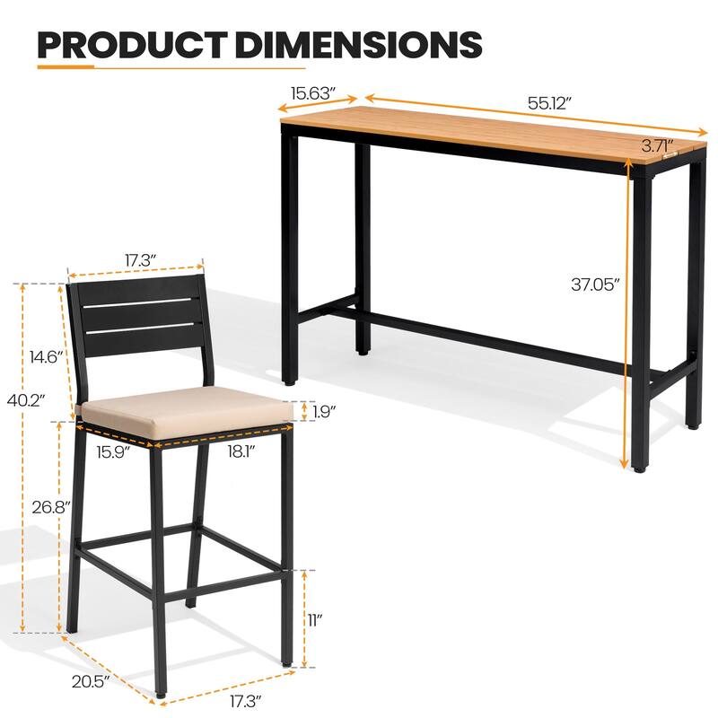 Outdoor 3-Piece Patio Bar Stools Set Rectangle Bar Table and Barstools with Cushion