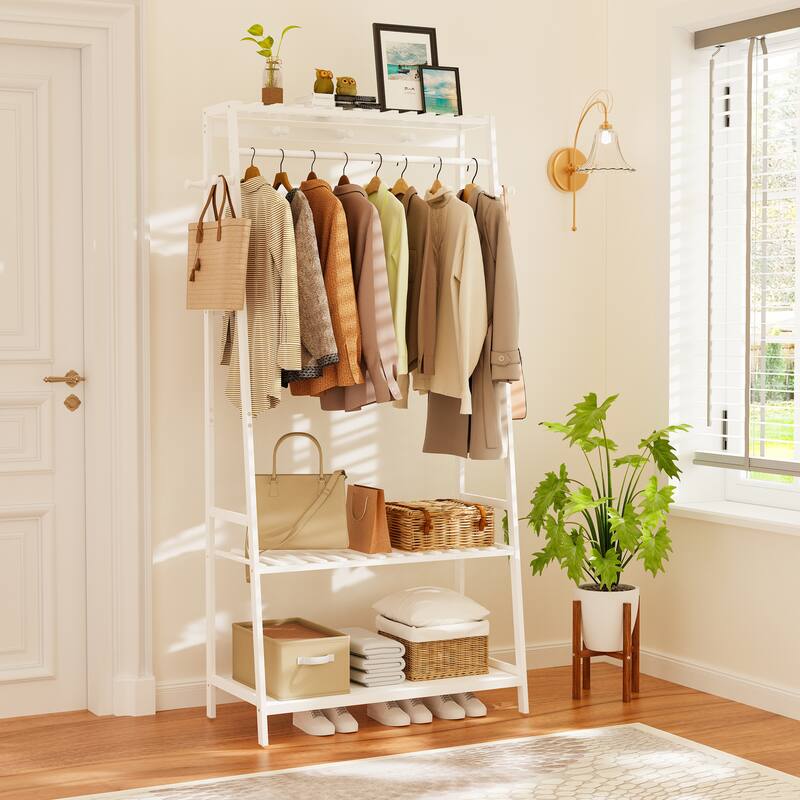 Bamboo Garment Rack 3 Tier Storage Shelves with Hanging Hooks