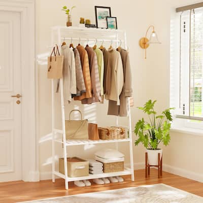 Bamboo Garment Rack 3 Tier Storage Shelves with Hanging Hooks