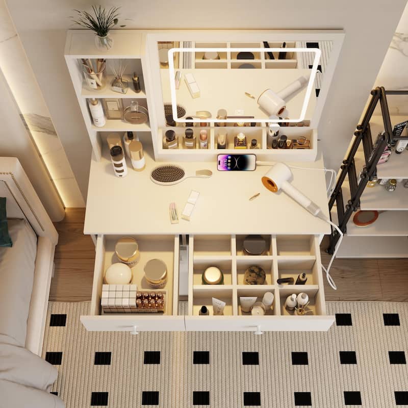 White Vanity Table and Stool Set with Charing Station, Makeup Vanity Desk with Mirror and Lights