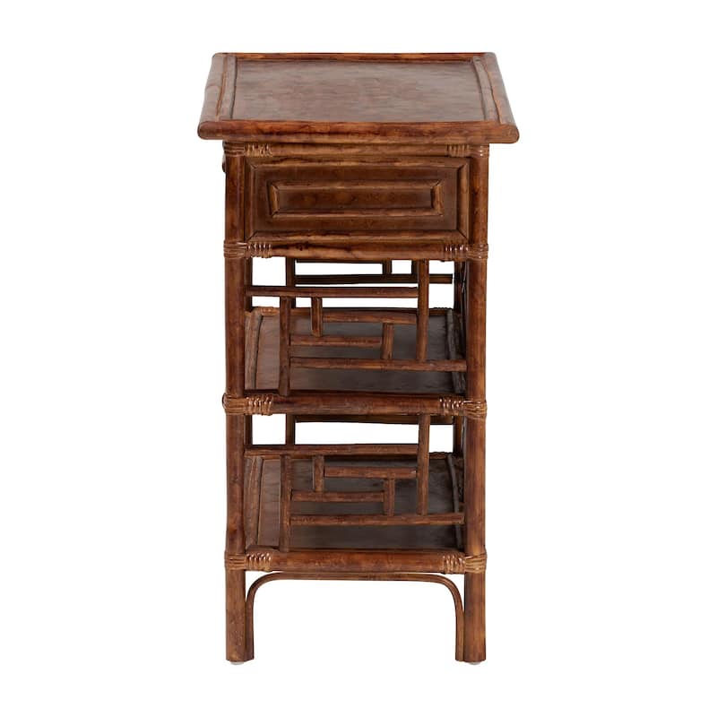 Daemyn Marbled Tortoise Natural Rattan Nightstand - Handcrafted Wicker Bedside Table with Drawer and Open Shelving