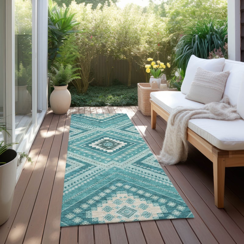 Machine Washable Indoor/ Outdoor Global Boho Chantille Rug - Teal - 2'3" x 7'6"