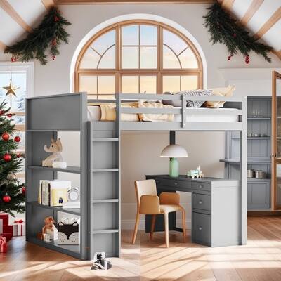 Full Size Children Loft Bed with Desk and Shelves, Solid Wood Kids Study Bed Frame with Ladder for Bedroom, Grey