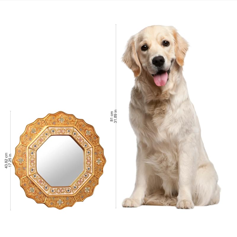 Handmade Octagonal Floral Goldtone Glass Wall Mirror - Metallic - 17.25" x 17.25"