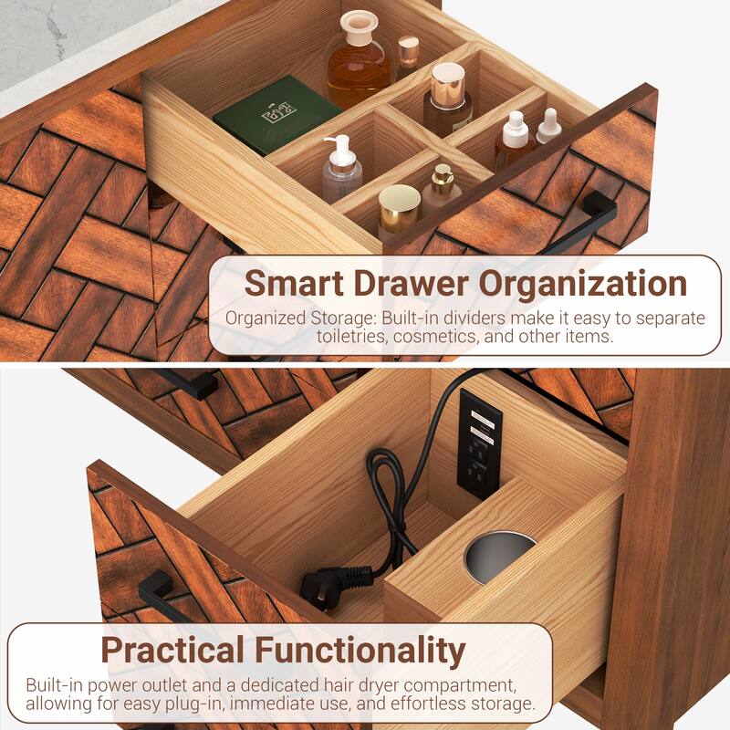 84" Freestanding Bathroom Vanity with Engineered Stone Top, Ceramic Double-Sink, Built-In Power Outlet, and Hair Dryer Storage