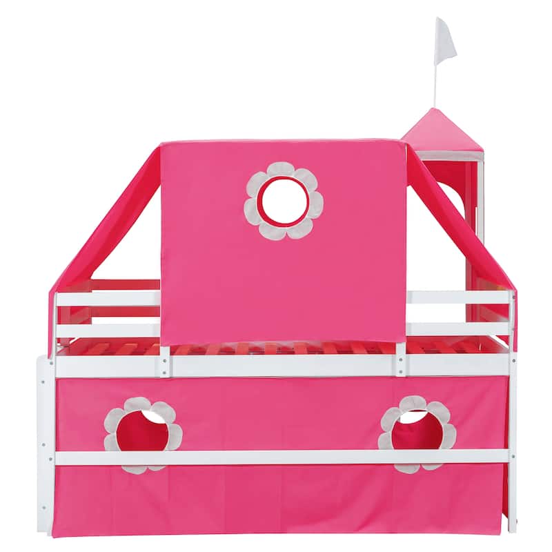 Roomfitters Twin Size Loft Bed with Slide, Tent and Tower, Pink