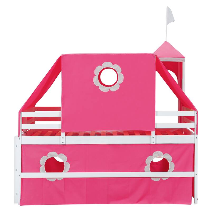 Twin Size Loft Bed with Slide Pink Tent and Tower - Pink(OLD SKU:WF532005AAH)