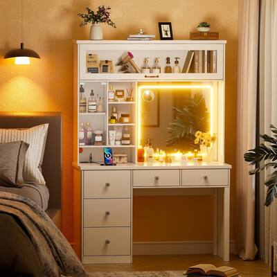 Makeup Vanity with LED Lighted Mirror, White Vanity with Large Shelves, 5 Drawers for Bedroom(No Stool)