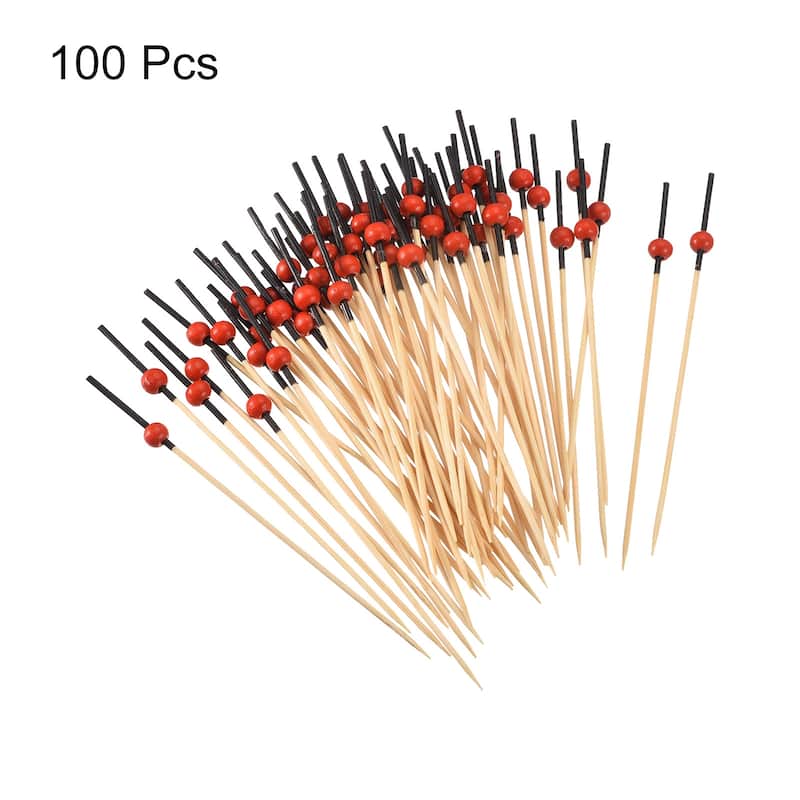 Bamboo Cocktail Toothpicks Red Pearl Bead Drink Picks Skewer 100Pcs - 4.72"