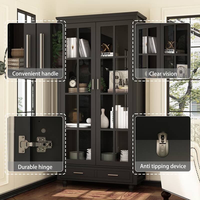White Bookcase with Glass Doors Display Cabinet Bookshelf Organizer - 70.9"Hx36.2"W