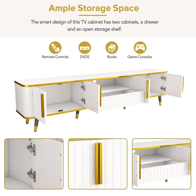 Elegant 79-Inch TV Stand with Ample Storage, Golden Elements, and Sleek Design - Ideal for Large Living Spaces.
