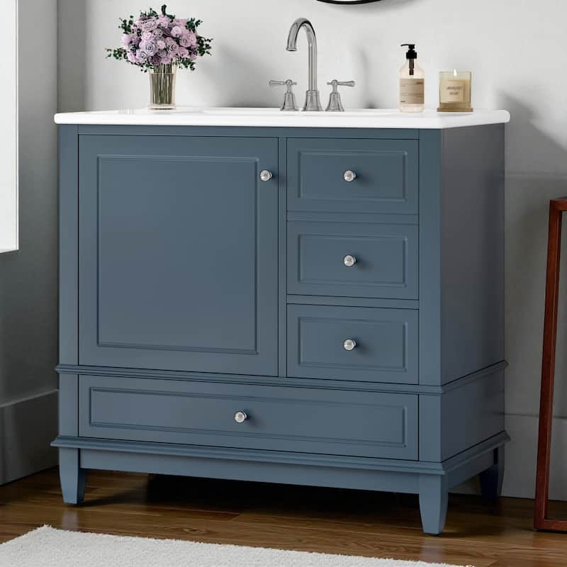 36" Freestanding Bathroom Vanity with Ceramic Sink, Solid Wood & MDF Cabinet, 3 Drawers & Shelves, Painted Finish - Blue Gray