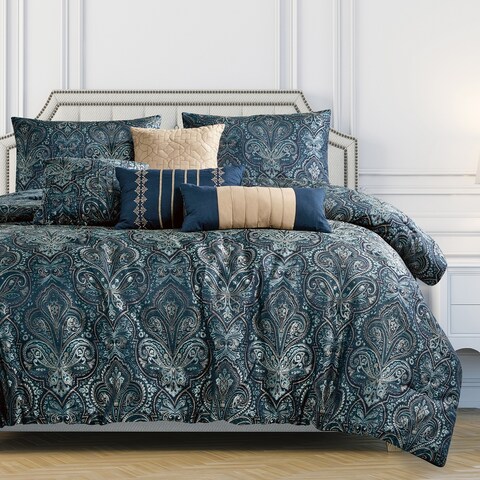 Wellco Bedding Comforter Set Bed In A Bag - 7 Piece Butterfly Luxury Bedding Sets - Oversized, Navy