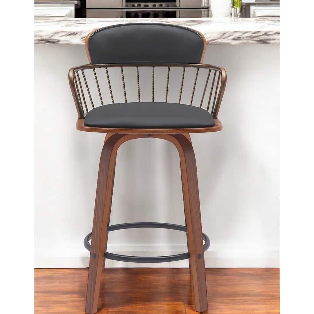 HomeRoots 26" Black And Wood Brown Faux Leather Swivel Low Back Counter Height Bar Chair