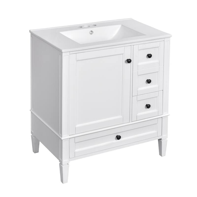 Bathroom Vanity with Ceramic Sink, Bathroom Cabinet with Soft Closing Doors, Vanity Set with 2-Tier Storage Rack and 3 Drawers