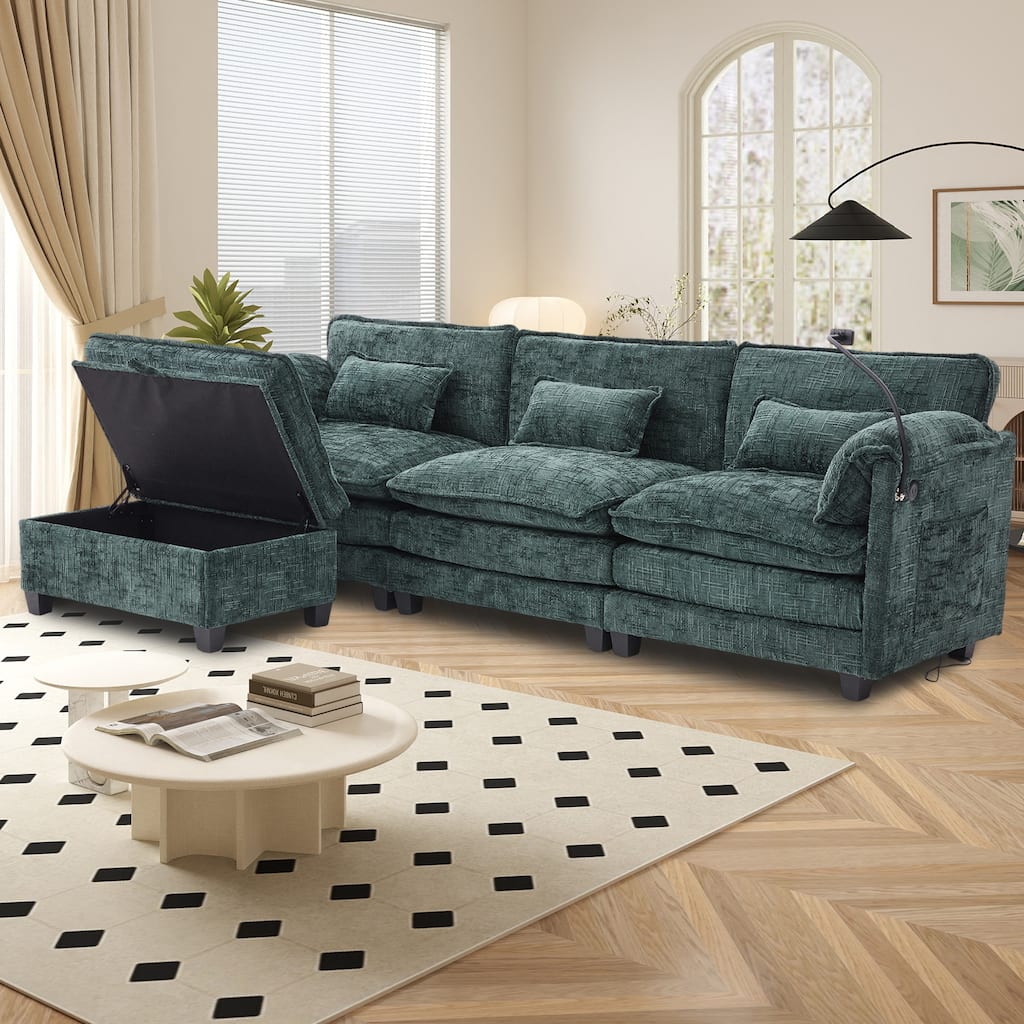 GALDWIN Chenille Upholstered L-shaped Modular Sectional Sleeper Sofa with Movable Storage Ottoman,USB&Type-C