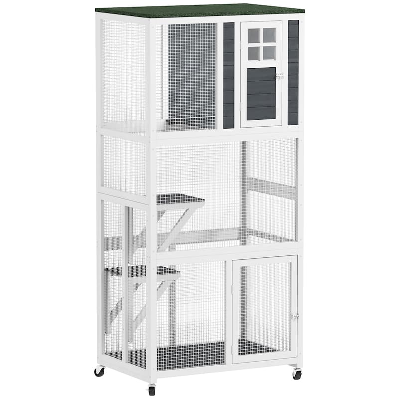 PawHut 74" Wooden Outdoor Cat House Catio Outdoor Cat Enclosure, Light Gray - White