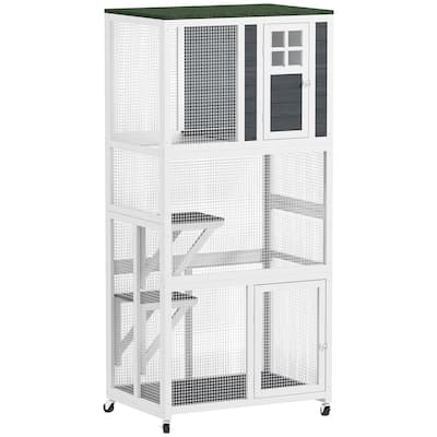 PawHut 74" Wooden Outdoor Cat House Catio Outdoor Cat Enclosure, Light Gray