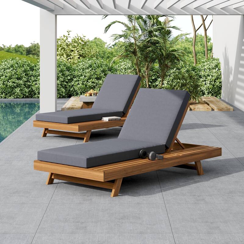Roomfitters Acacia Wood Chaise Lounge with 4-Position Adjustable Recline, Slatted Sunbed for Patio or Poolside