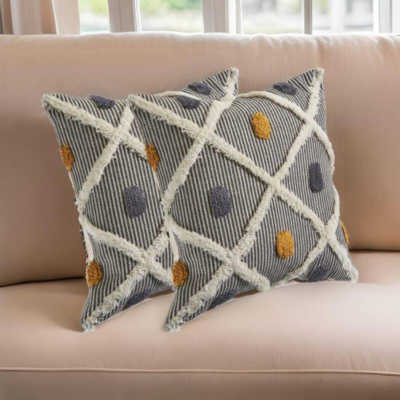 Set of Two Black and Yellow Striped Cotton Throw Pillow With Fringe - Black and Yellow