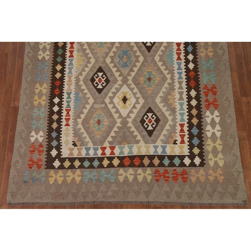Hand Woven Oriental 100% Wool Carpet Southwestern Geometric Brown Kilim Area Rug - 9' 6'' X 6' 10''