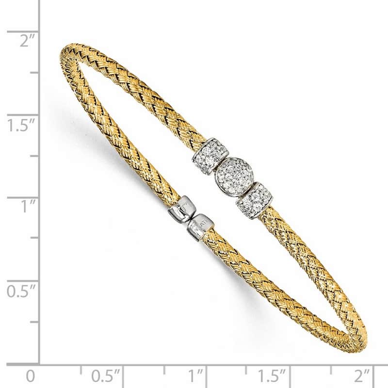 Curata 925 Sterling Silver Gold Plated 2.75mm Cubic Zirconia Woven Cuff Bangle Bracelet