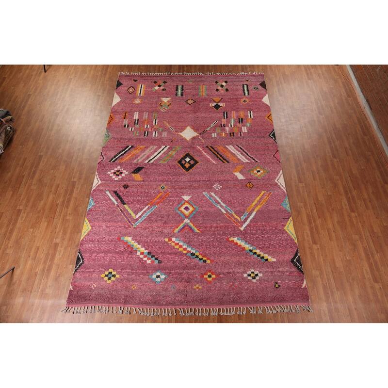 Pink Geometric Moroccan Large Area Rug Hand-Knotted Wool Carpet - 9'10" x 14'7"