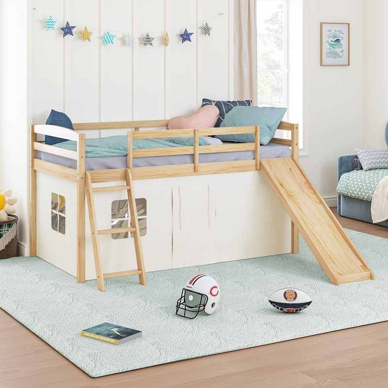 COSTARS Kids Loft Bed with Slide and Ladder, Solid Wood Twin Loft Bed with Tent and Guardrails - Natural