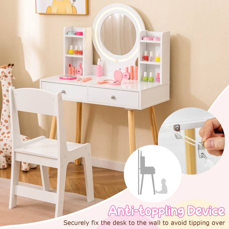 Costway Kids Vanity Set Princess Vanity Desk Set with 2-Color LED - See Details