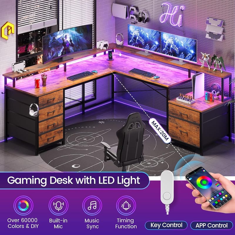 L Shaped Home Office Desk with 6 Drawer File Drawer Power Outlet
