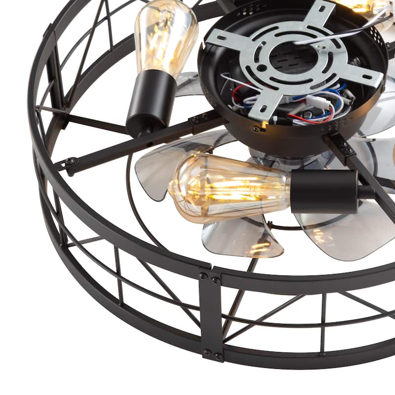 20" 7-Blade Matte Black Flush Mount Caged Ceiling Fan with Light and Remote