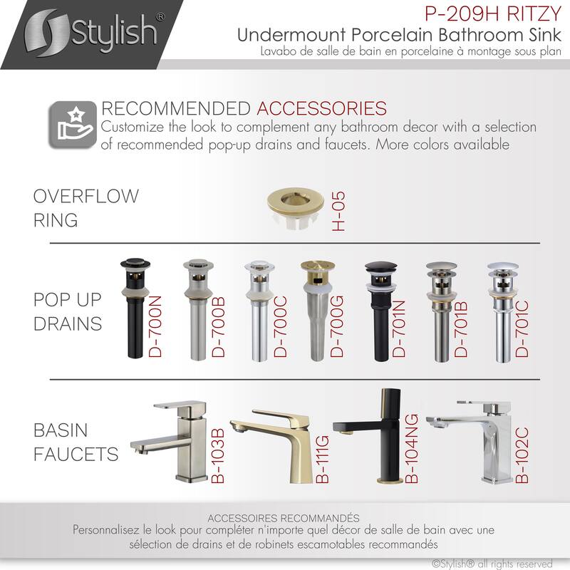 STYLISH 20 3/8 inch Rectangular Undermount Porcelain Bathroom Sink with two Overflow Finishes included