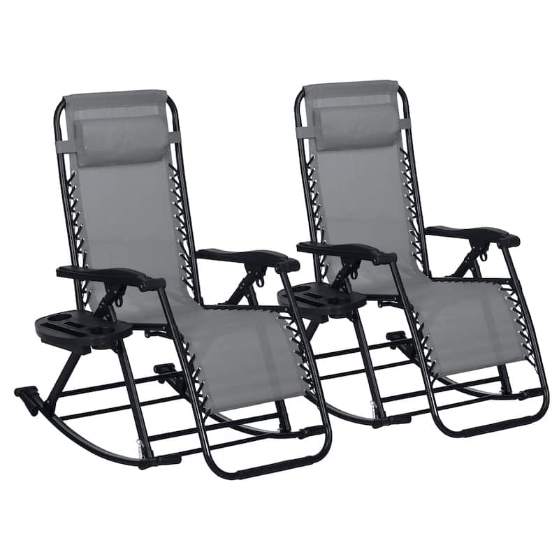 2 Pieces Outdoor Rocking Chairs, Foldable Reclining Zero Gravity Lounge Rocker with Pillow, Cup & Phone Holder, - Grey