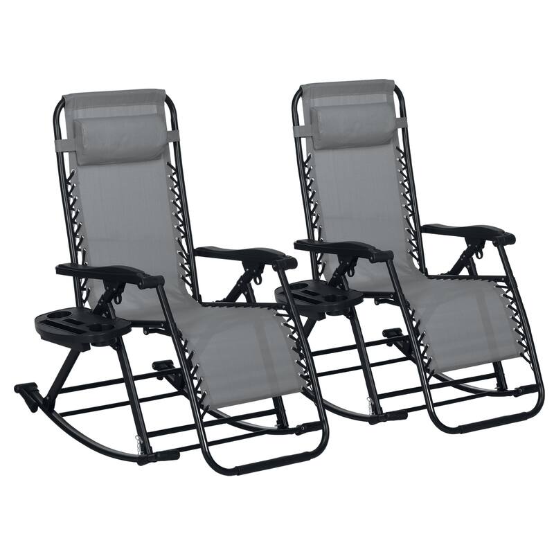 2 Pieces Outdoor Rocking Chairs, Foldable Reclining Zero Gravity Lounge Rocker with Pillow, Cup and Phone Holder - Gray
