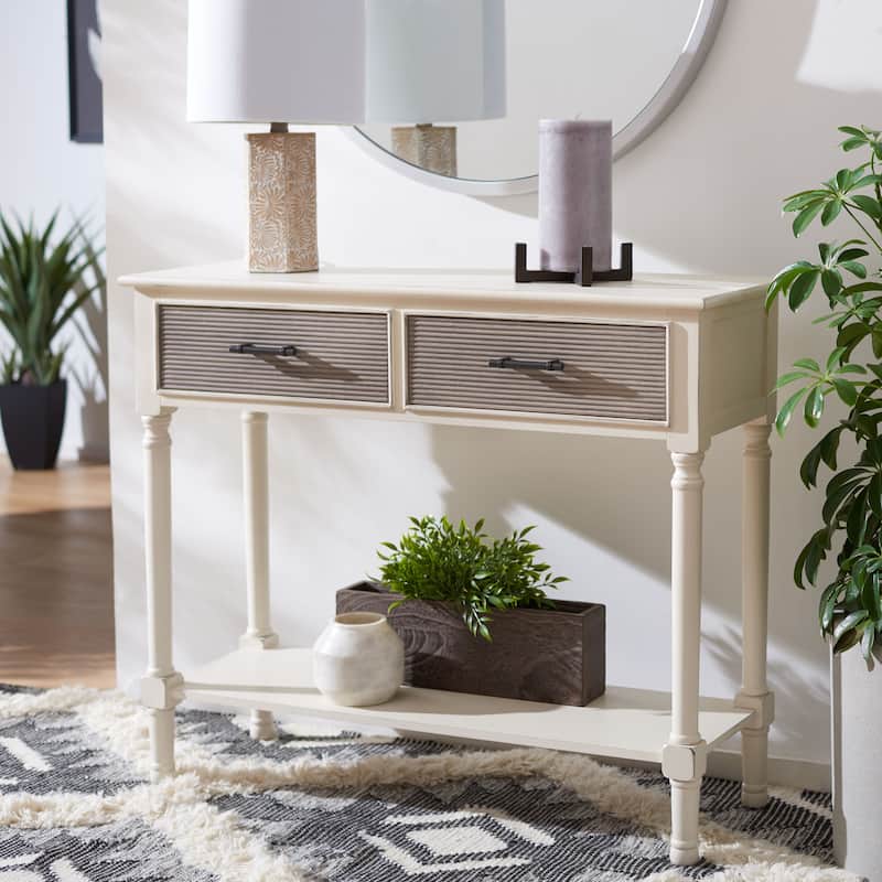 SAFAVIEH Sinda 2-Drawer Console Table - 35.5" W x 13" L x 29.5" H - 36Wx13Dx30H - Distressed White/Taupe