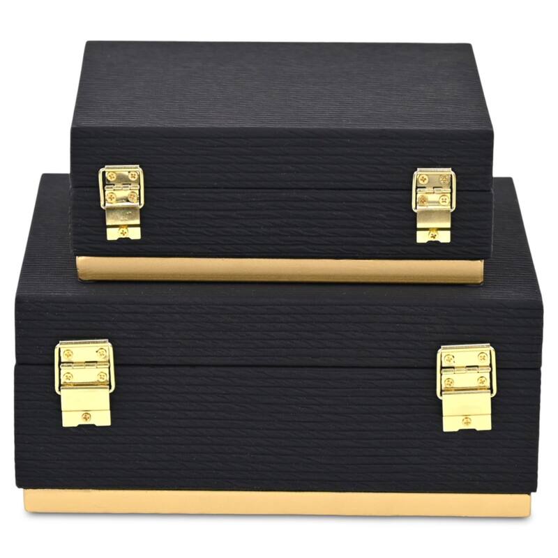 Eira Set of 2 Square Decorative Storage Boxes - Retro Stripe Pattern with Gold Hardware