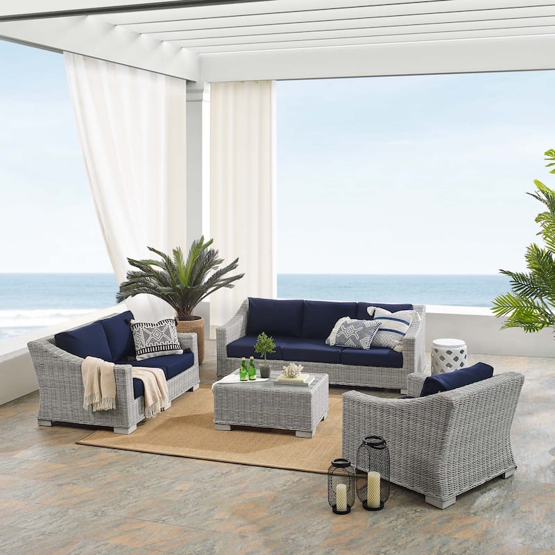 Conway Sunbrella® Outdoor Patio Wicker Rattan 4-Piece Furniture Set - Light Gray Navy